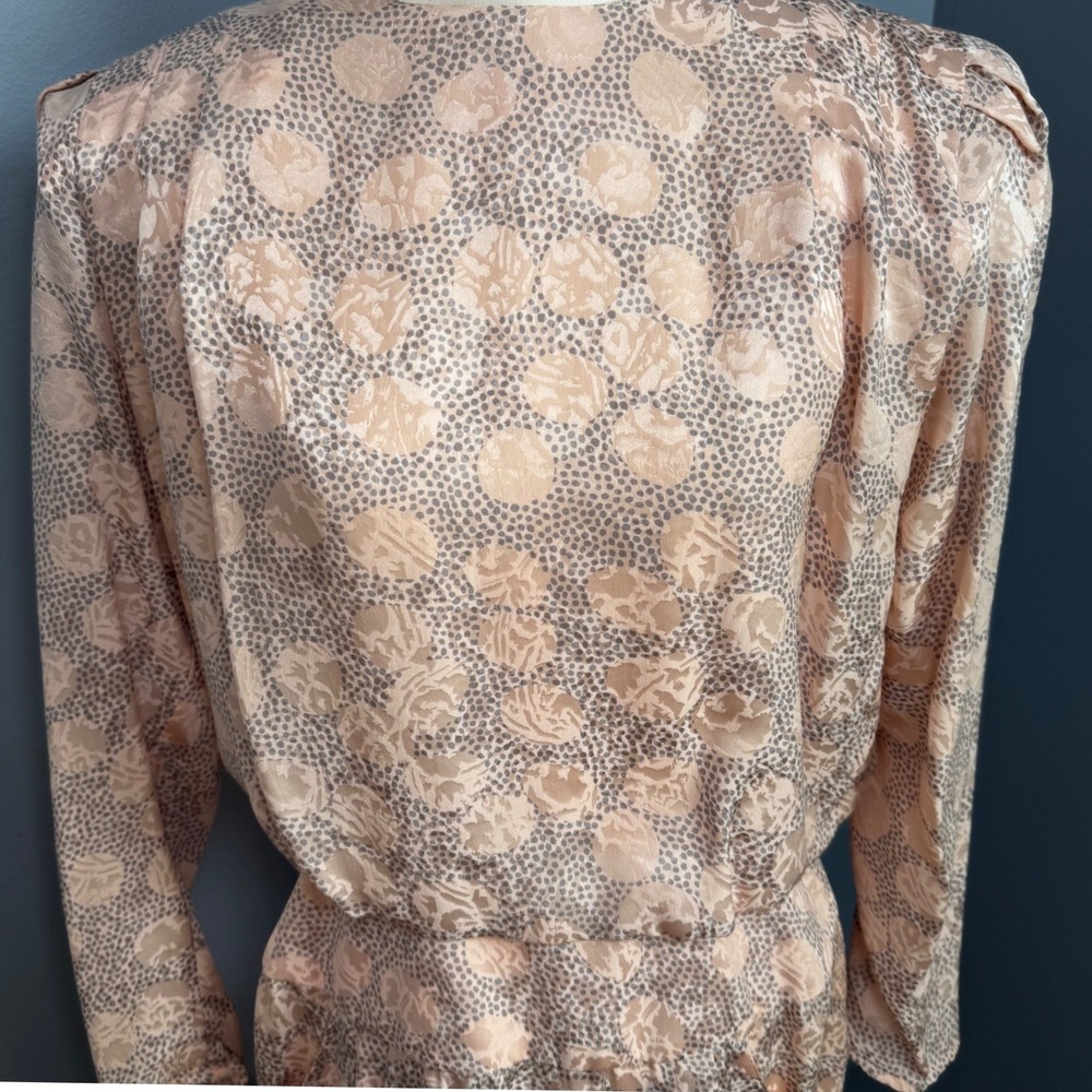 Adrianna Papell Vintage 100% Silk Polka Dot Midi Dress Pink Grey Size 6 Pockets
